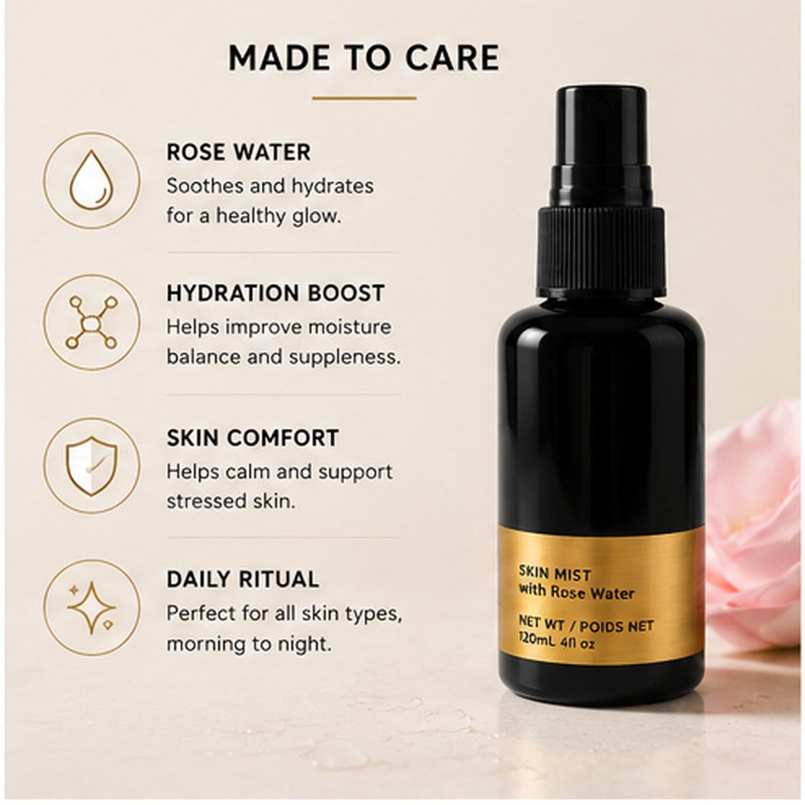 VOOQO Skin Mist with Rose Water shown with skincare benefits including hydration, skin comfort, and daily use.