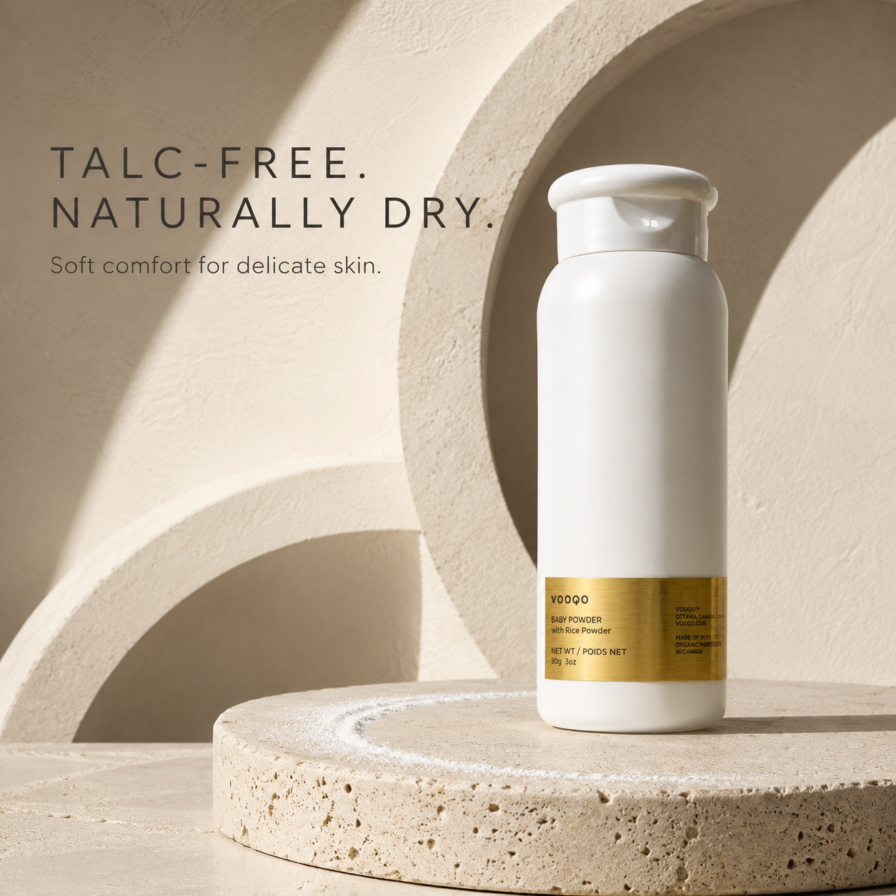 Talc-free Vooqo Baby Powder for soft, dry comfort on delicate skin