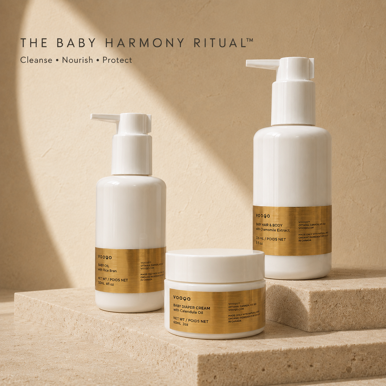 The Vooqo Baby Harmony Ritual with Baby Shampoo, Baby Oil and Baby Diaper Cream