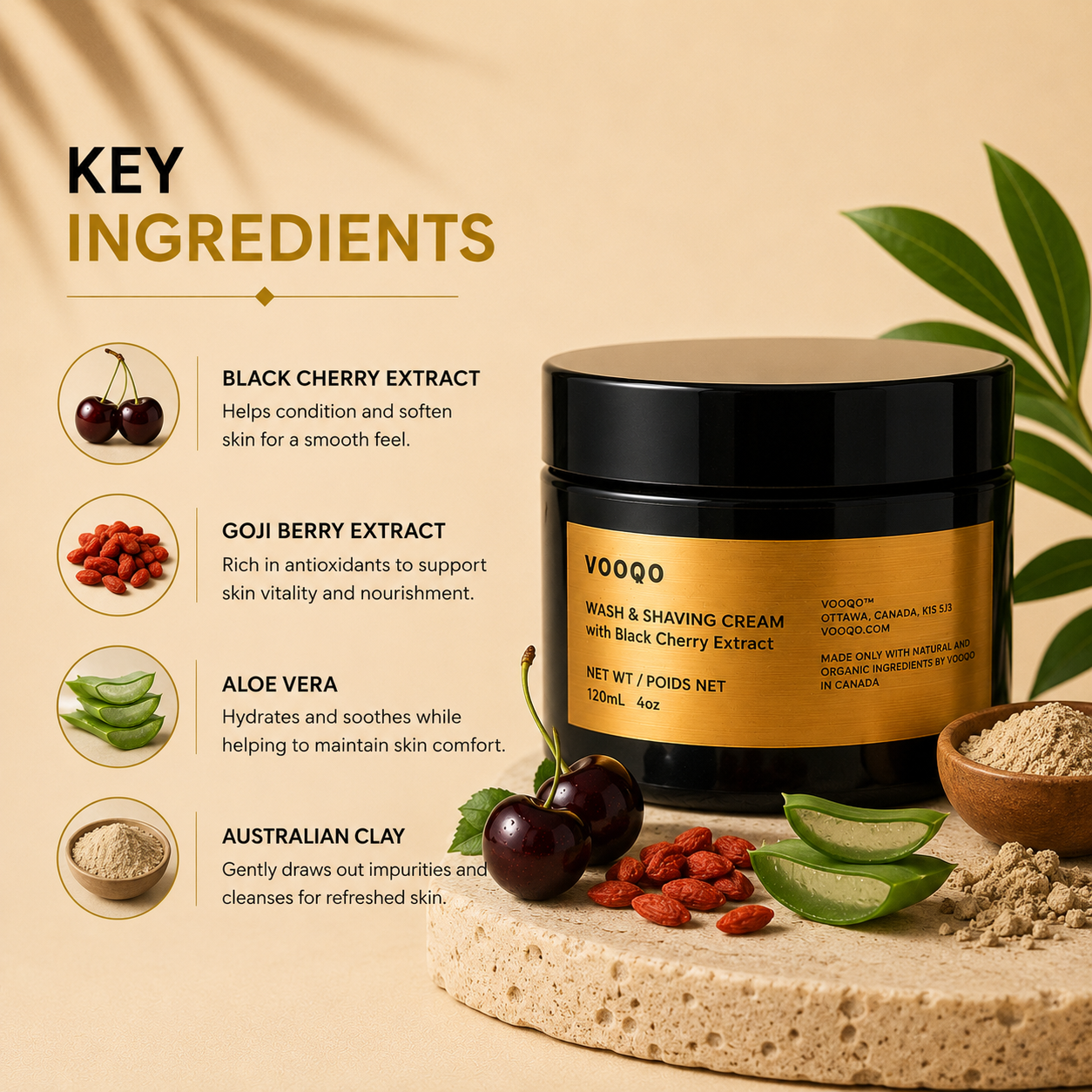 Vooqo Wash & Shaving Cream key ingredients with black cherry, goji berry, aloe vera and Australian clay