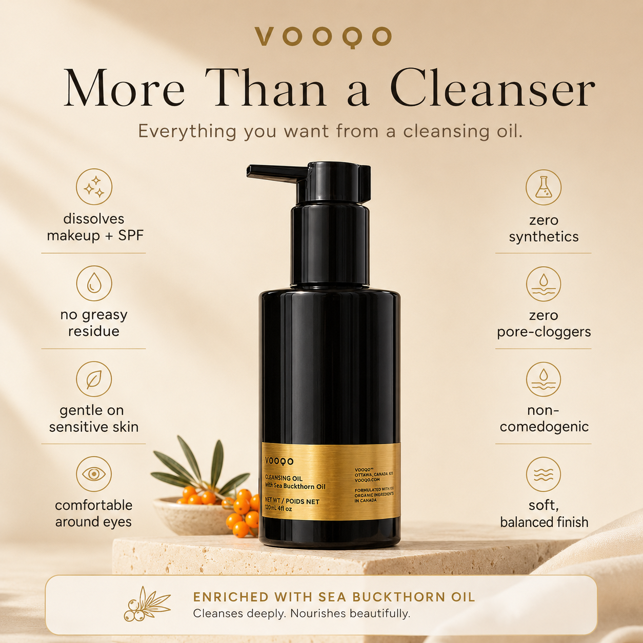 Cleansing oil bottle with product features on a beige background