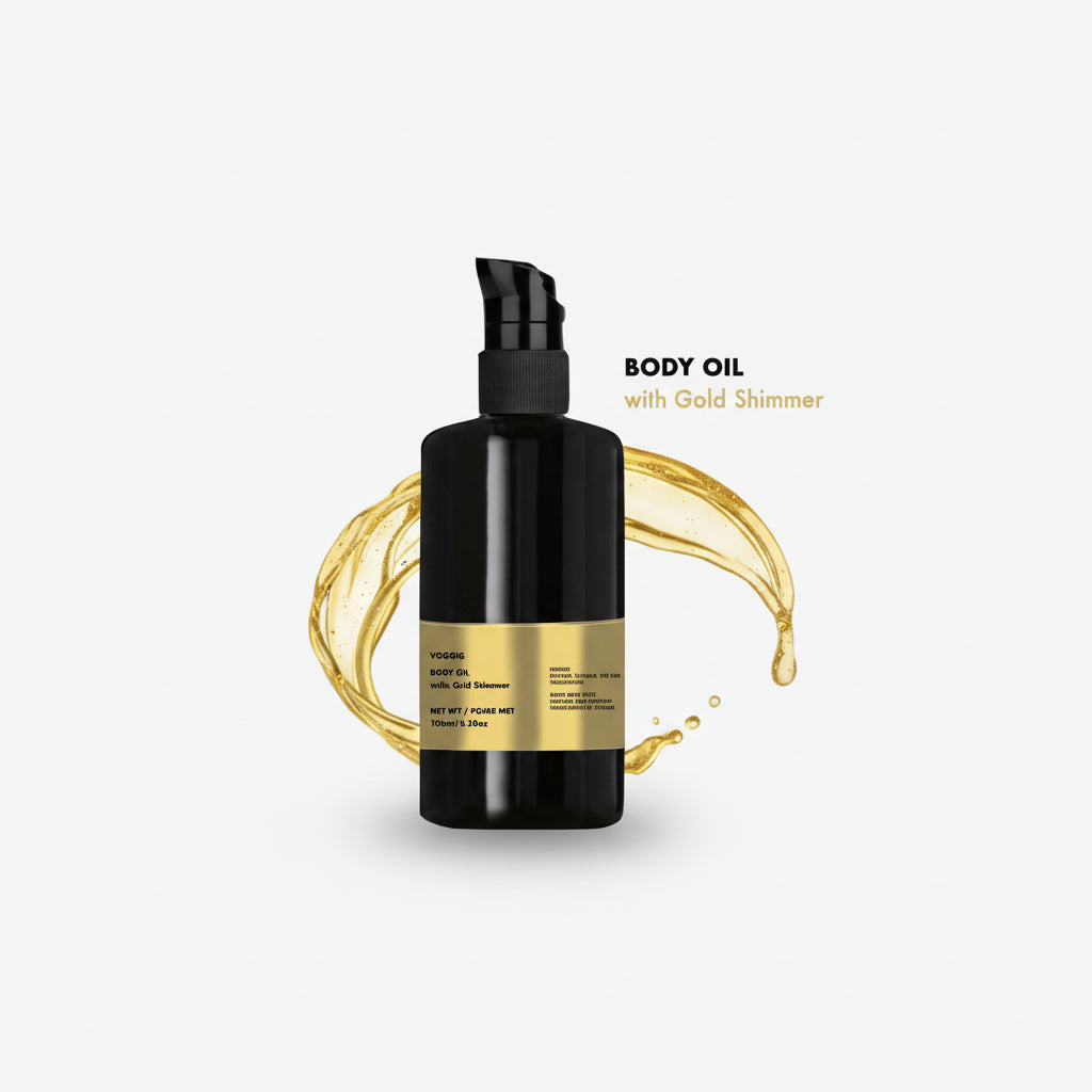 Black body oil bottle with gold shimmer on a white background