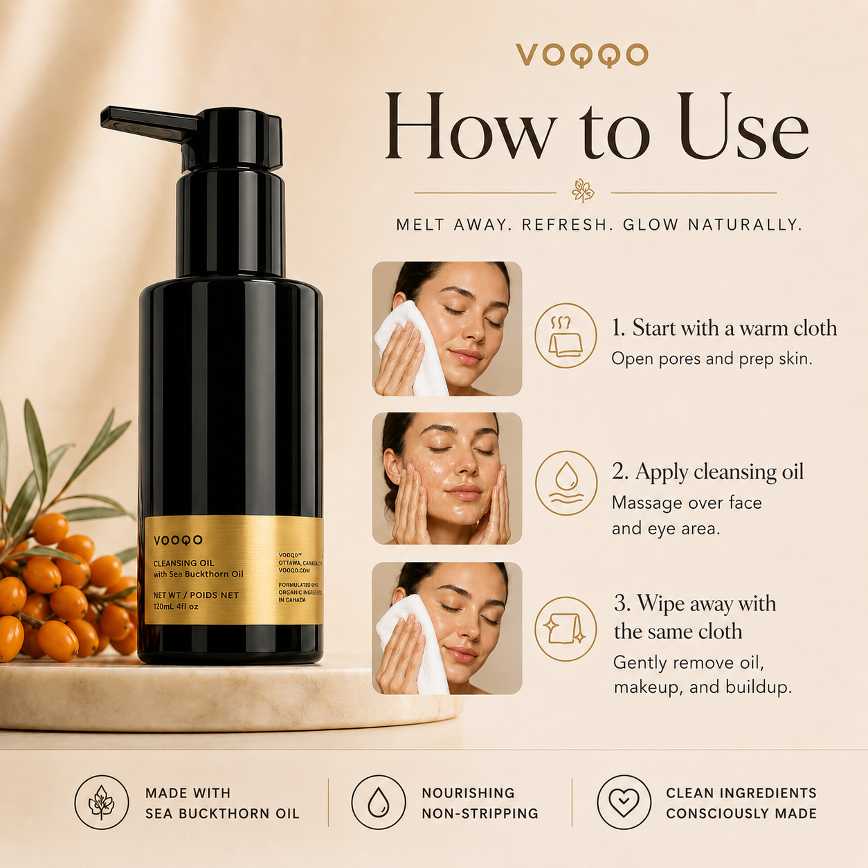 VOOQO cleansing oil bottle with usage instructions on a beige background