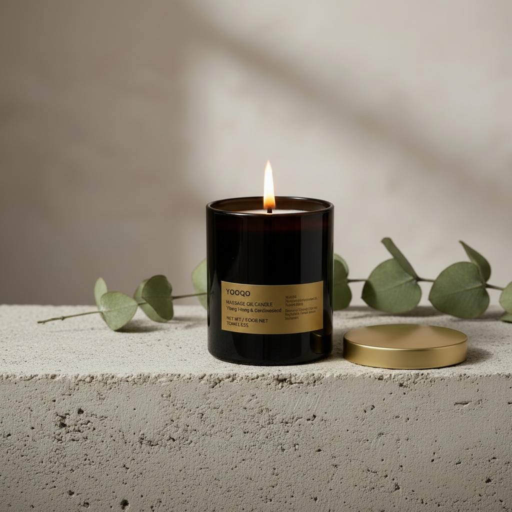 Black candle with a gold label on a concrete surface with eucalyptus leaves