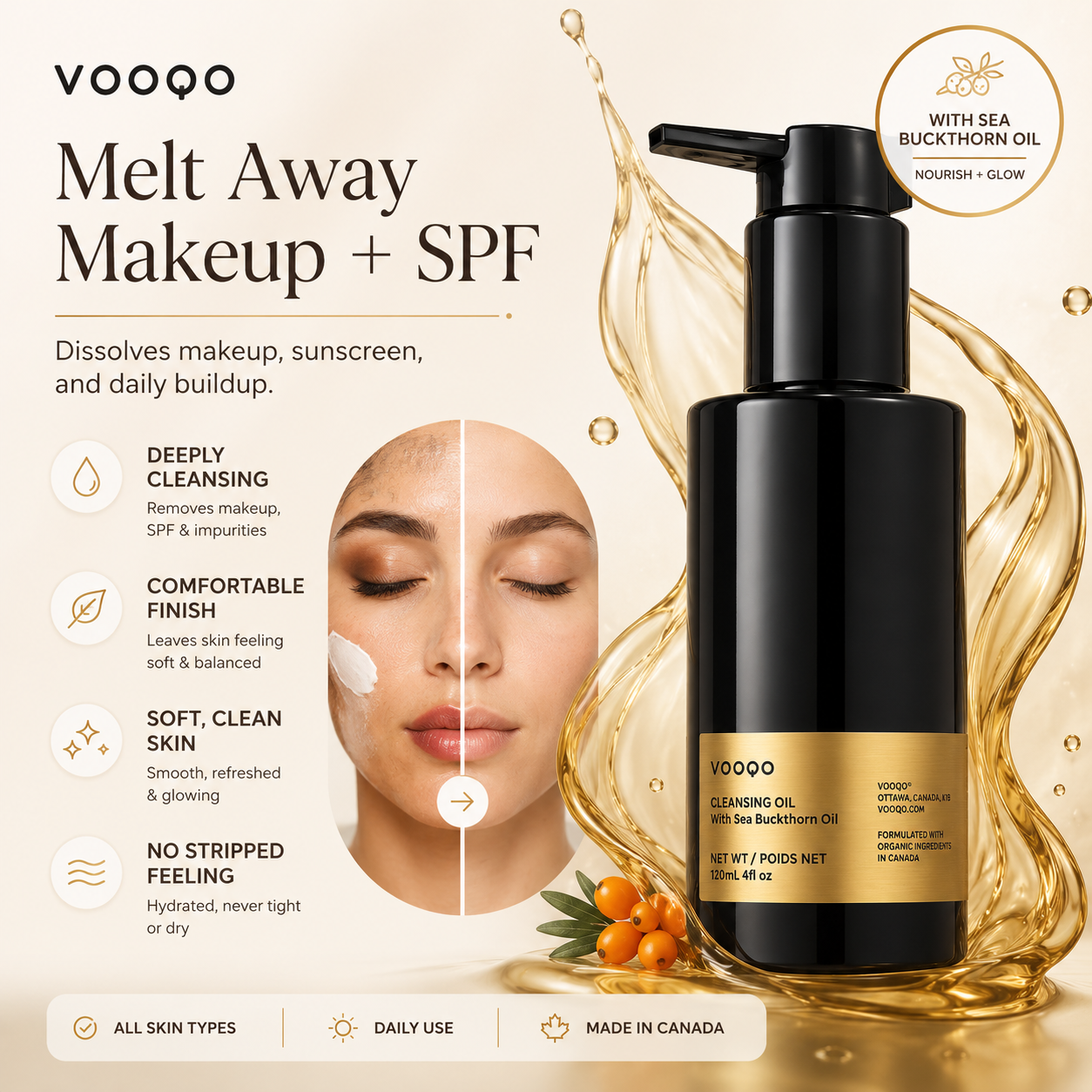 VOOQO cleansing oil bottle with product features and benefits on a beige background