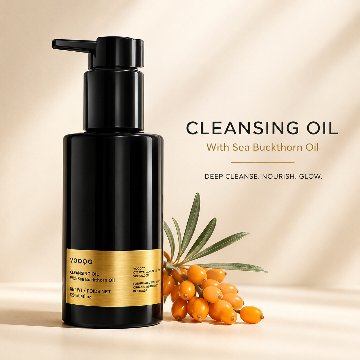 Black cleansing oil bottle with sea buckthorn berries on a beige background