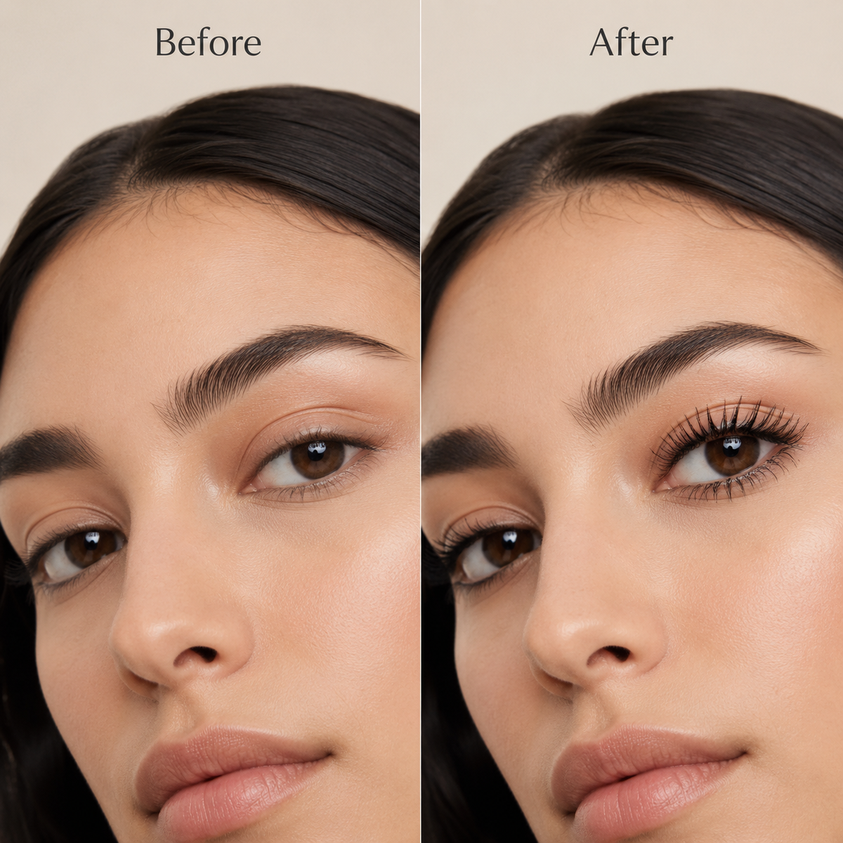 Before and after lashes showing Vooqo mascara adding visible lift, definition and length