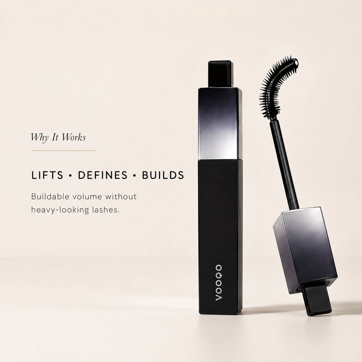 Vooqo mascara with curved brush highlighting lift, definition and buildable volume