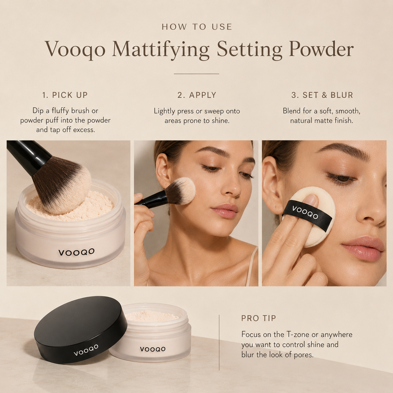 Applying Vooqo Mattifying Setting Powder with a soft face brush