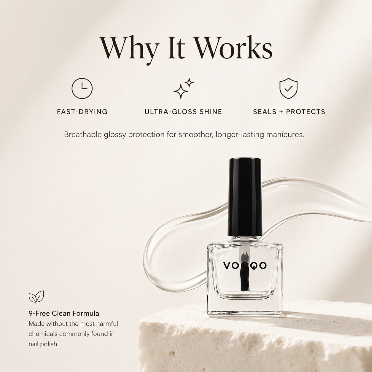 Vooqo Nail Top Coat highlighting fast-drying shine, sealing protection and 9-Free clean formula