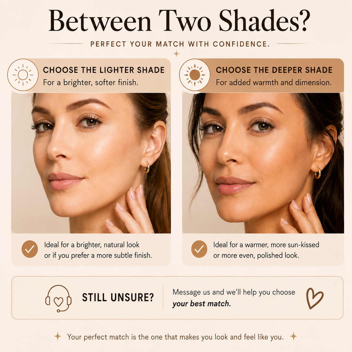Vooqo Powder Foundation SPF 30+ guide for choosing between a lighter and deeper shade