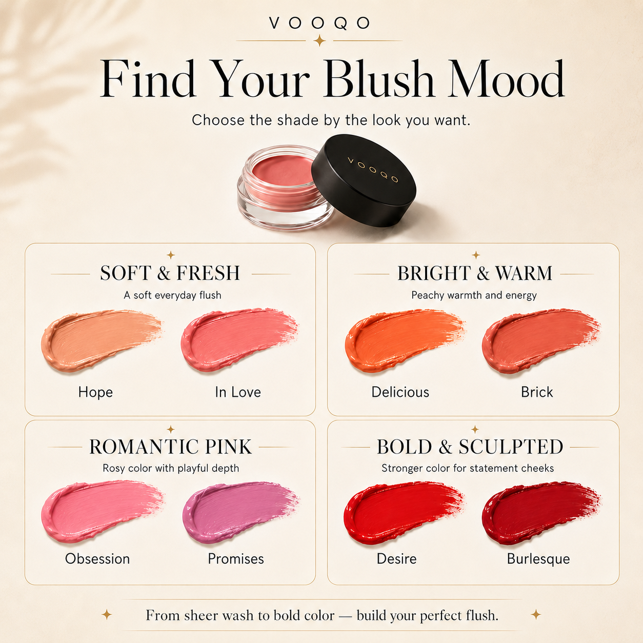 Vooqo blush product with color swatches and descriptions on a beige background