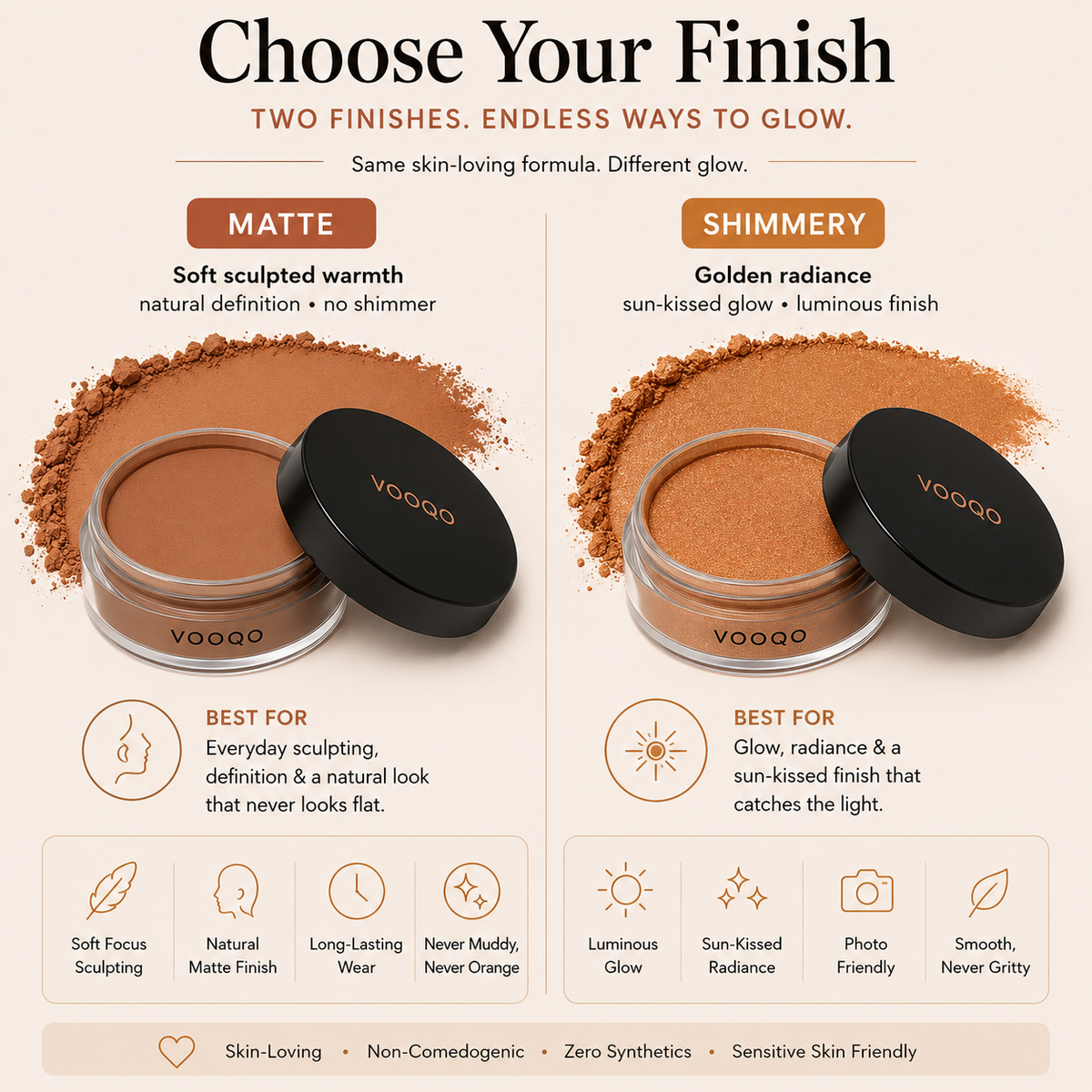 Two containers of Vooqo powder, one matte and one shimmer, with product details on a beige background.