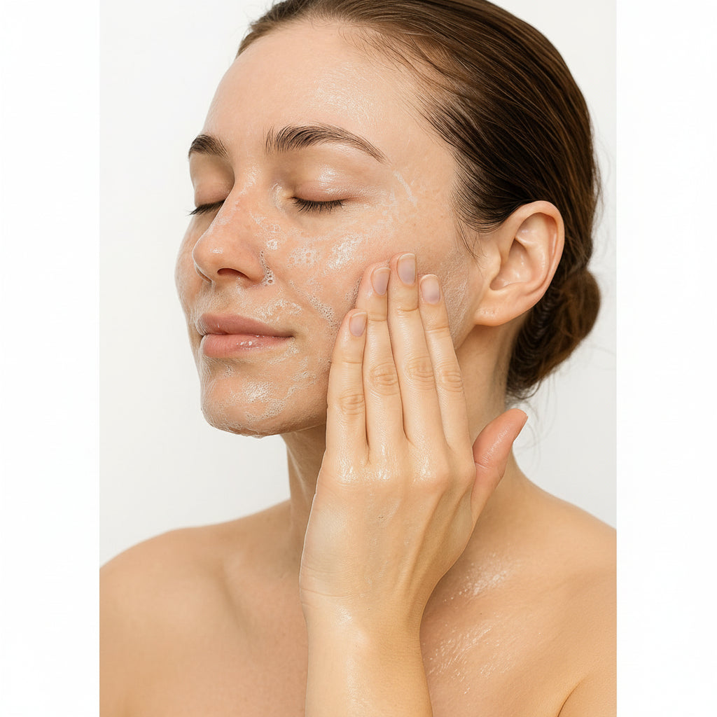 Woman applying a skincare product to her face with a neutral background