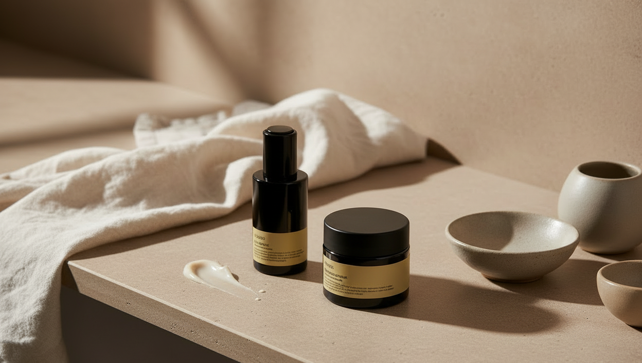 Skincare products on a neutral surface with a towel and bowls