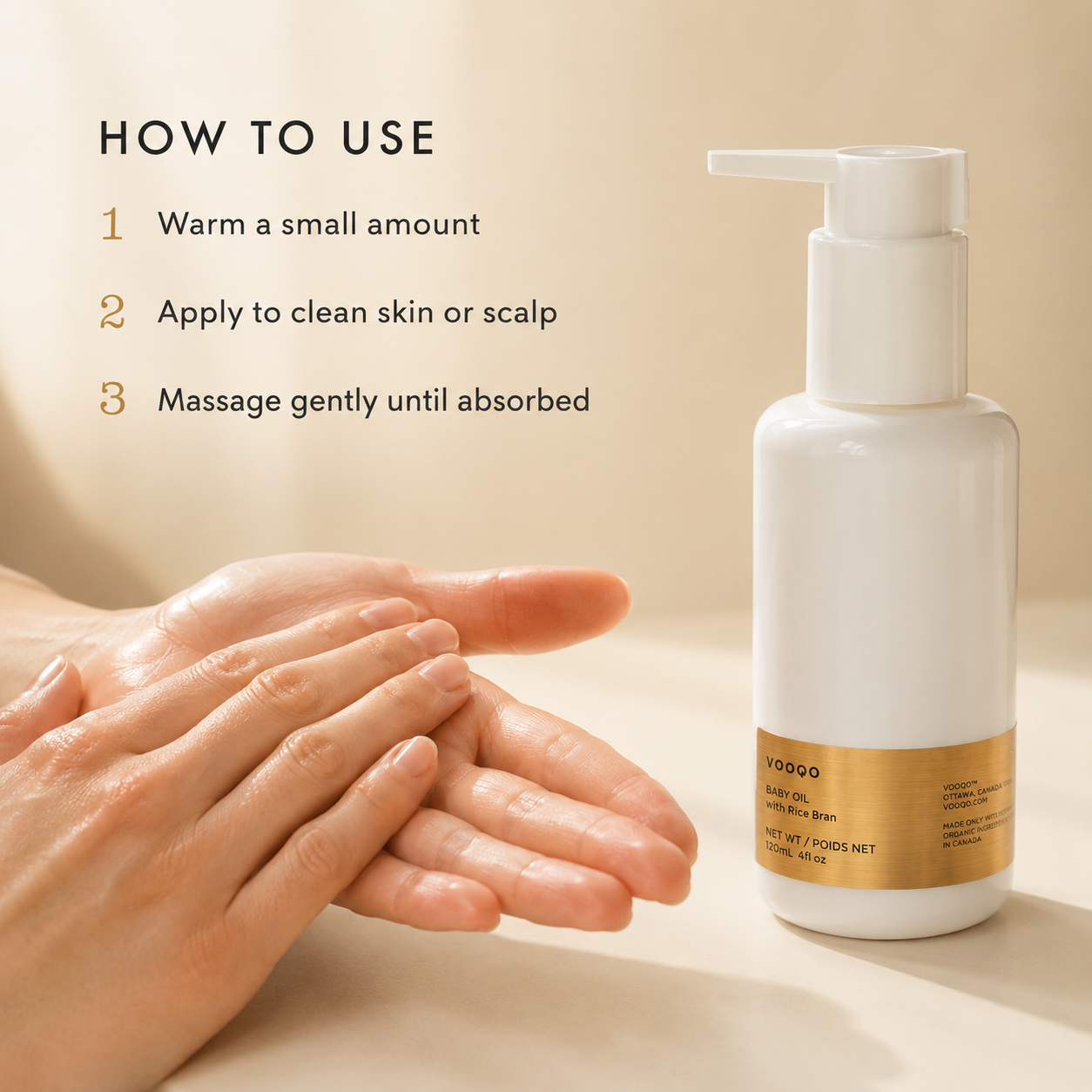 How to warm and gently apply Vooqo Baby Oil to clean skin or scalp