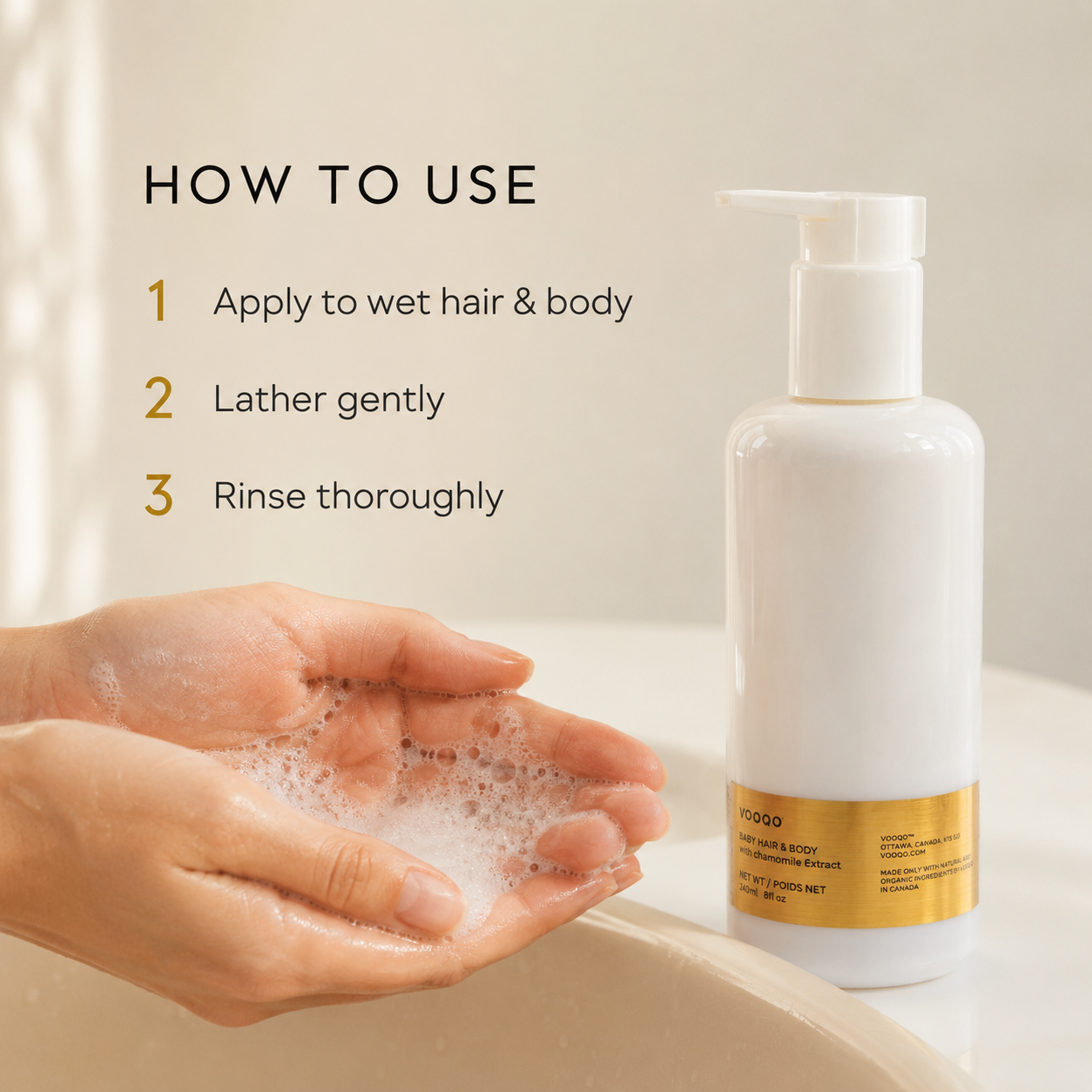 How to apply, gently lather and rinse Vooqo Baby Shampoo