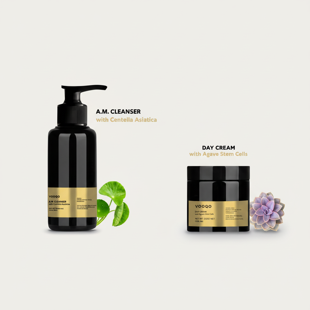 Two skincare products, A.M. Cleanser and Day Cream, with labels and decorative elements on a white background.