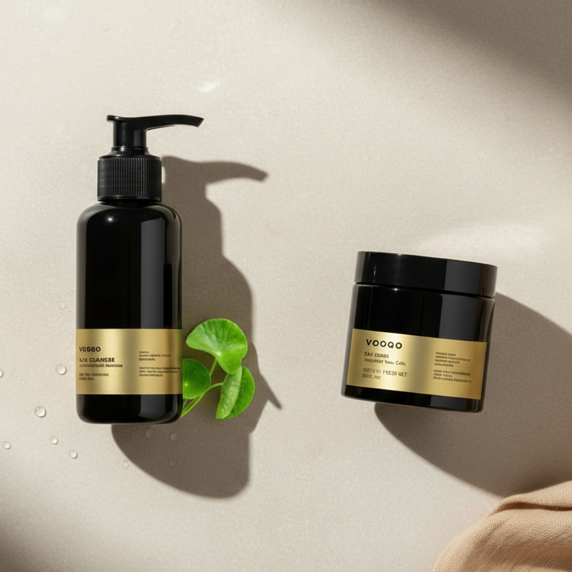 Two black and gold skincare products with a green leaf on a beige background