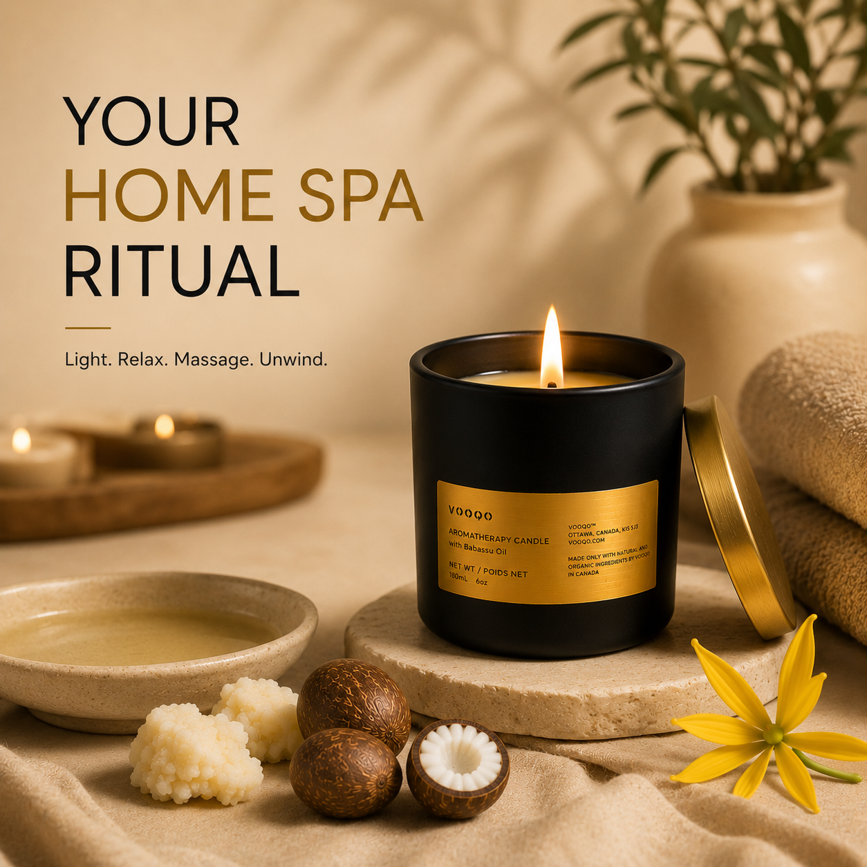 Vooqo Massage Oil Candle with Babassu Oil creating a warm home spa ritual for massage, relaxation and skin hydration.