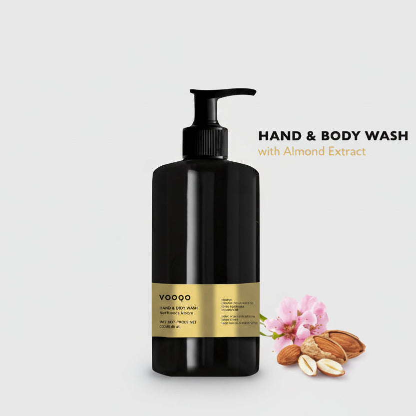 Black hand and body wash bottle with almond flavor on a white background