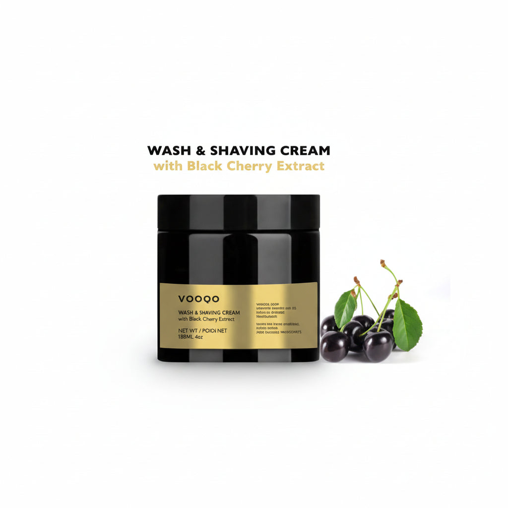 Vagoo wash and shaving cream jar with black cherry extract on a white background