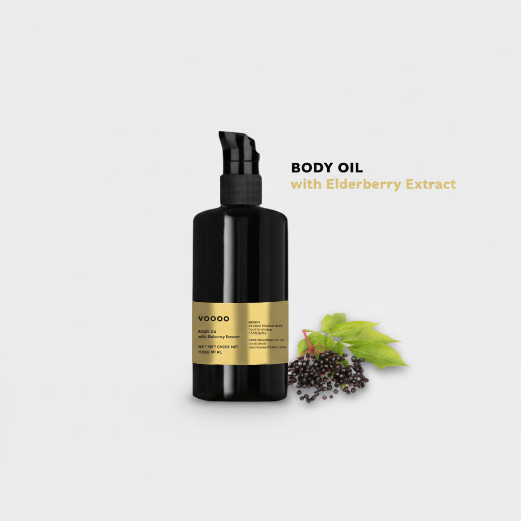 Black body oil bottle with gold label on a white background