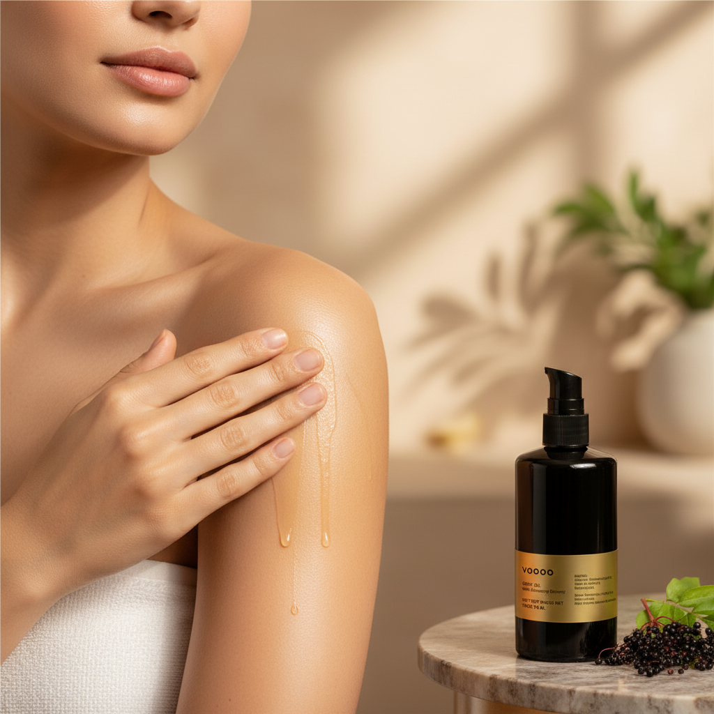Woman applying lotion to her arm with a bottle of lotion on a table in the foreground.