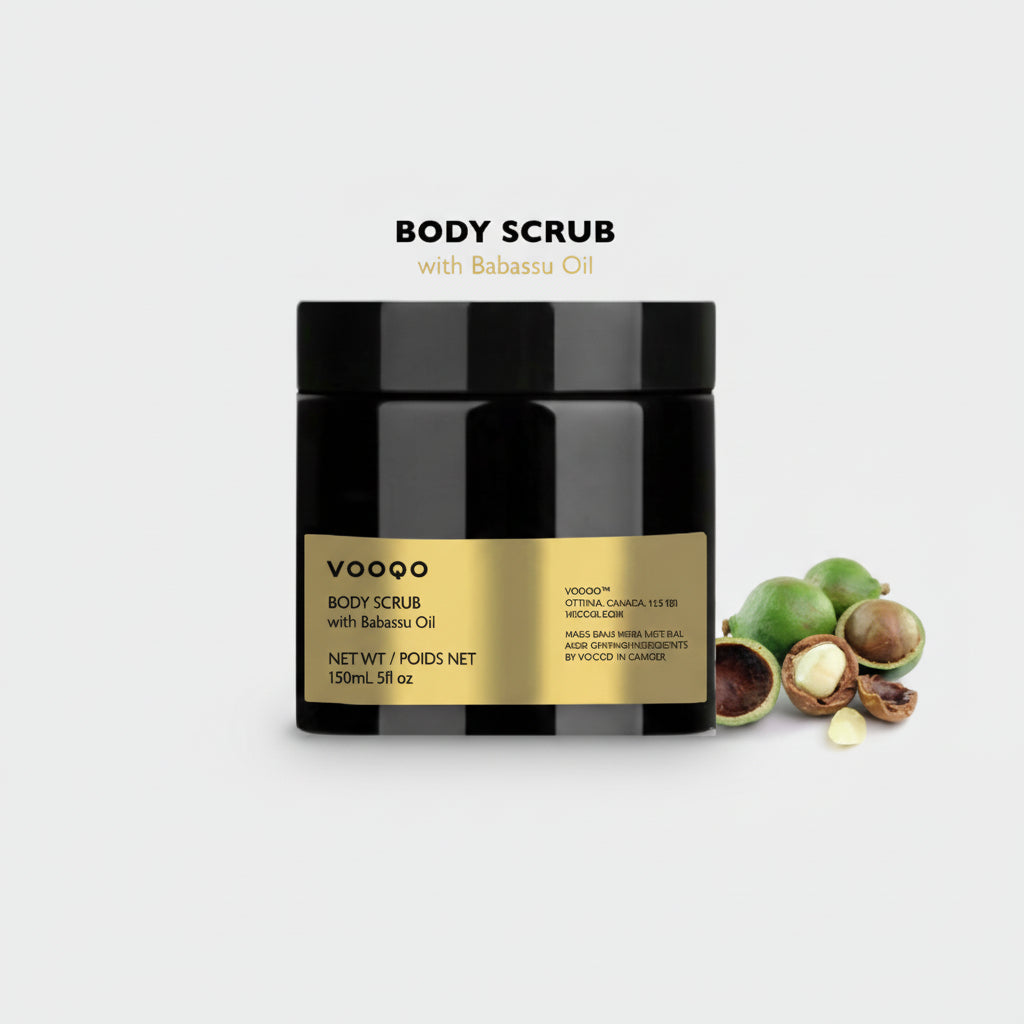 VOOGO body scrub jar with natural oils on a white background