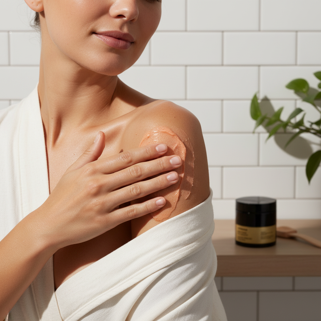 Woman applying cream to her shoulder in a bathroom setting