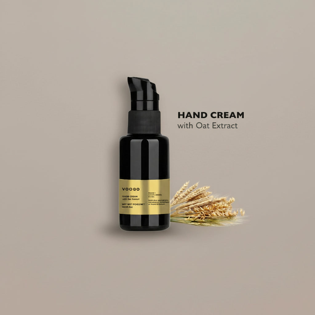 Hand cream bottle with oat extract on a light gray background