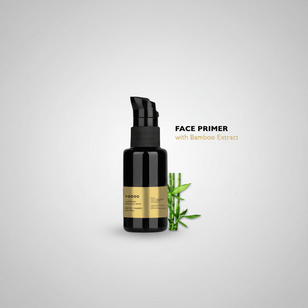 Face primer bottle with bamboo extract on a light gray background