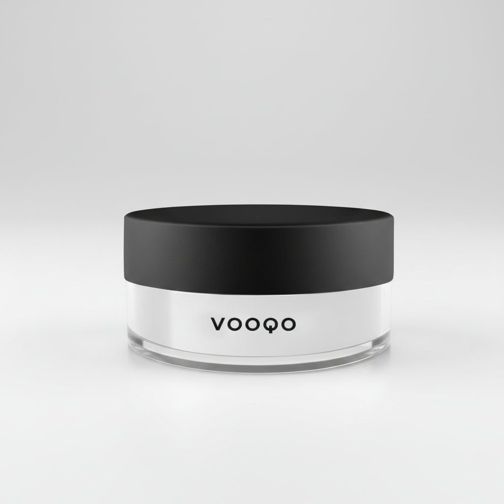 Jar with black lid and 'VOOQO' branding on a white background