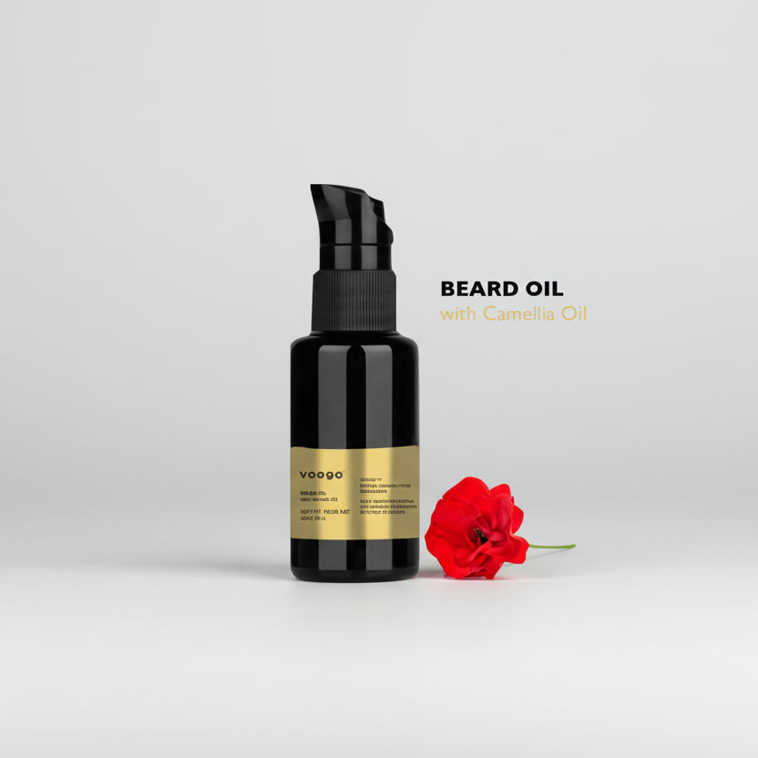 Black beard oil bottle with gold label and red flower on a light gray background
