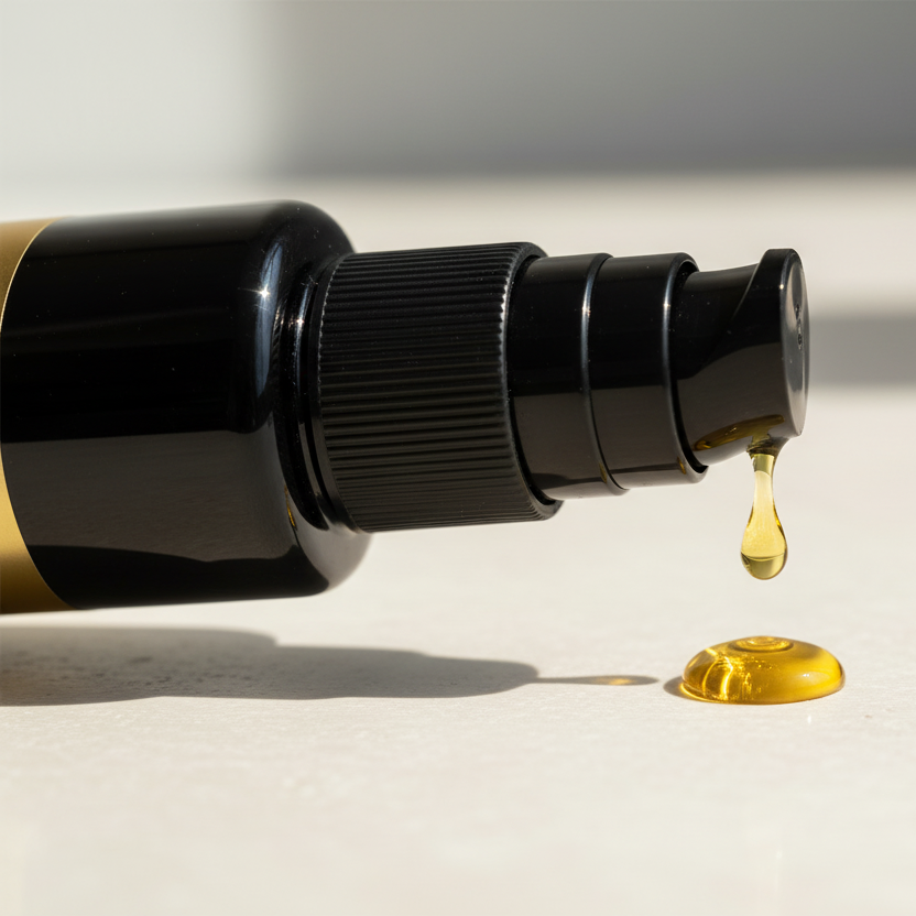 Black spray bottle with gold liquid droplets on a light surface