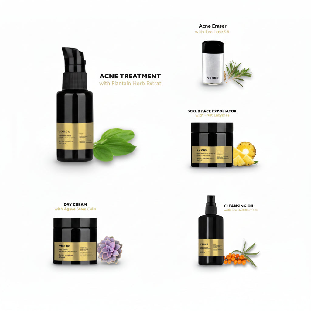 Collection of skincare products with labels on a white background