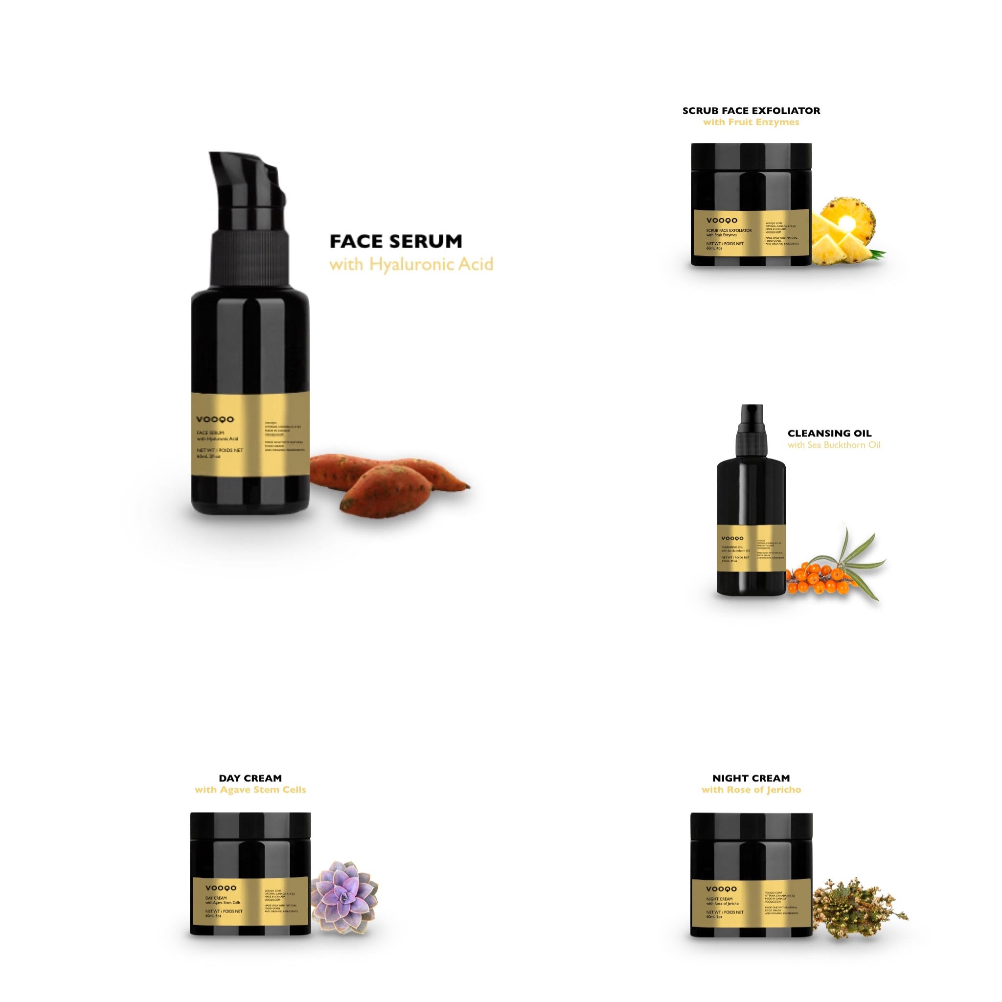 Set of skincare products including face serum, scrub, day cream, and cleansing oil on a white background.