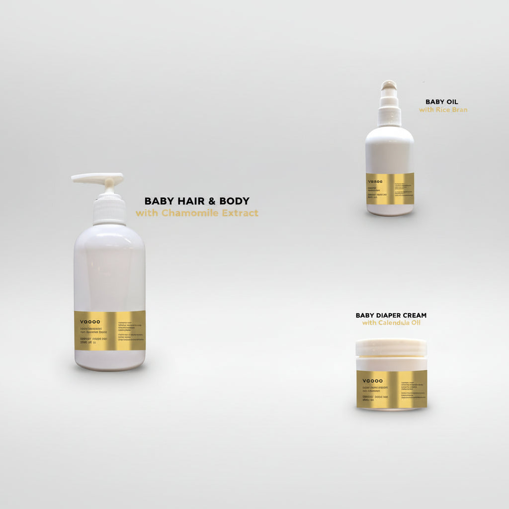 Set of baby care products with gold accents on a white background