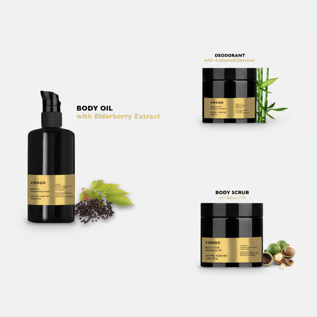 Vooqo skincare products including body oil, deodorant, and body scrub on a white background