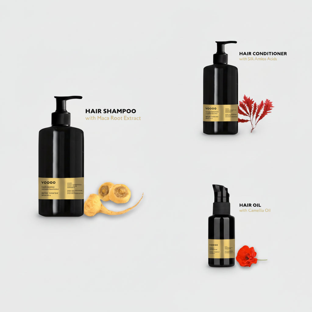 Set of hair care products including shampoo, conditioner, and oil on a light gray background.