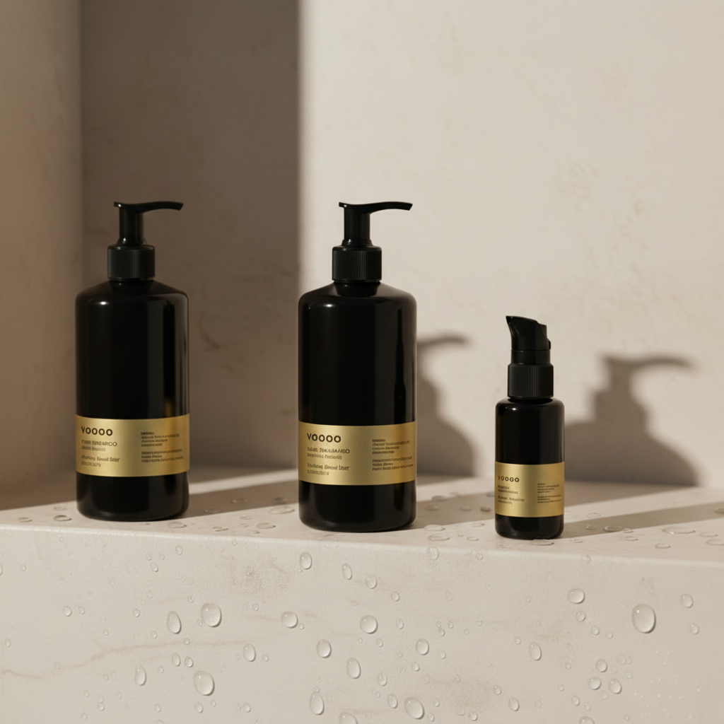 Three black hair care products with gold labels on a light surface.
