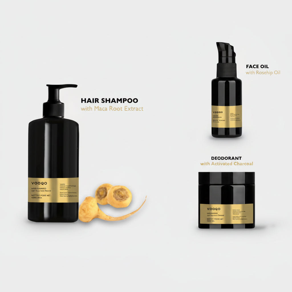 Set of VOOGO skincare and hair care products including shampoo, face oil, deodorant, and a jar on a white background.