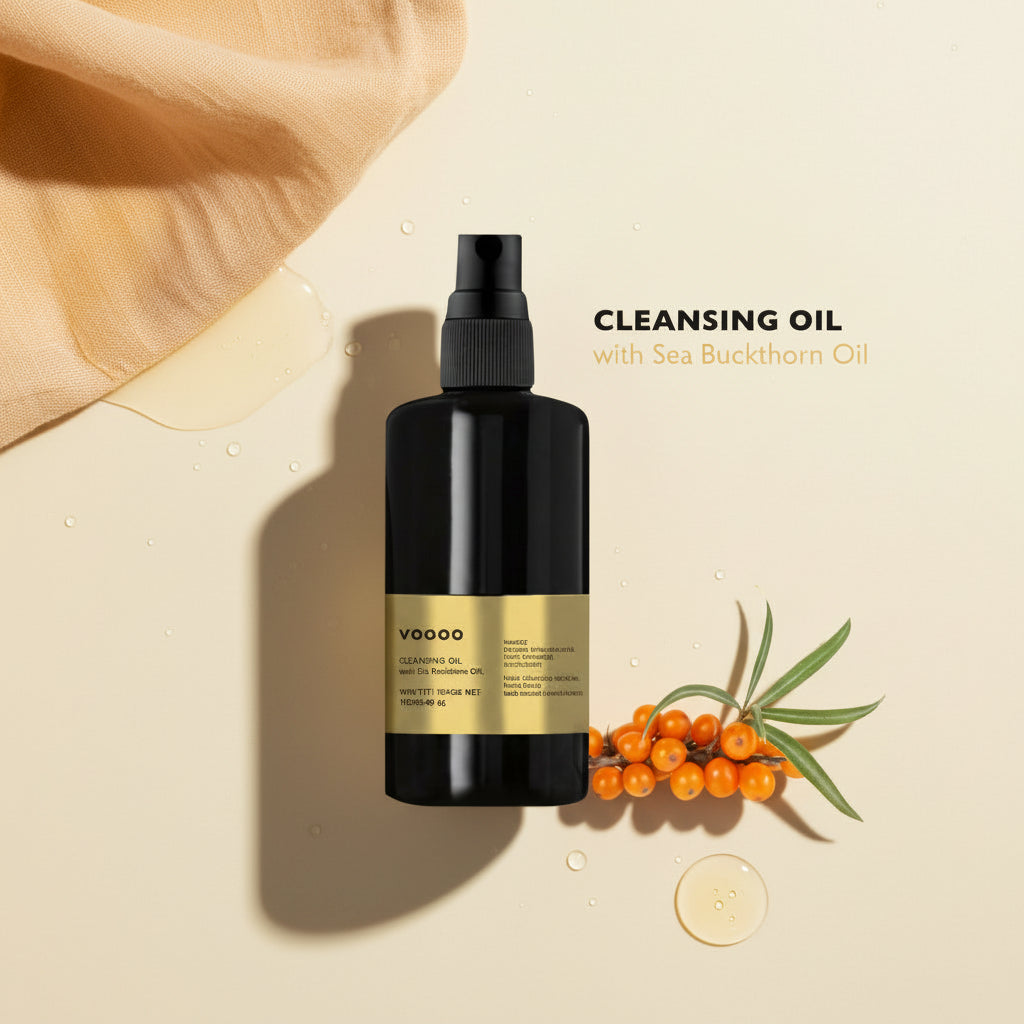 Black cleansing oil bottle with gold label on a light gray background, featuring sea buckthorn berries and leaves.