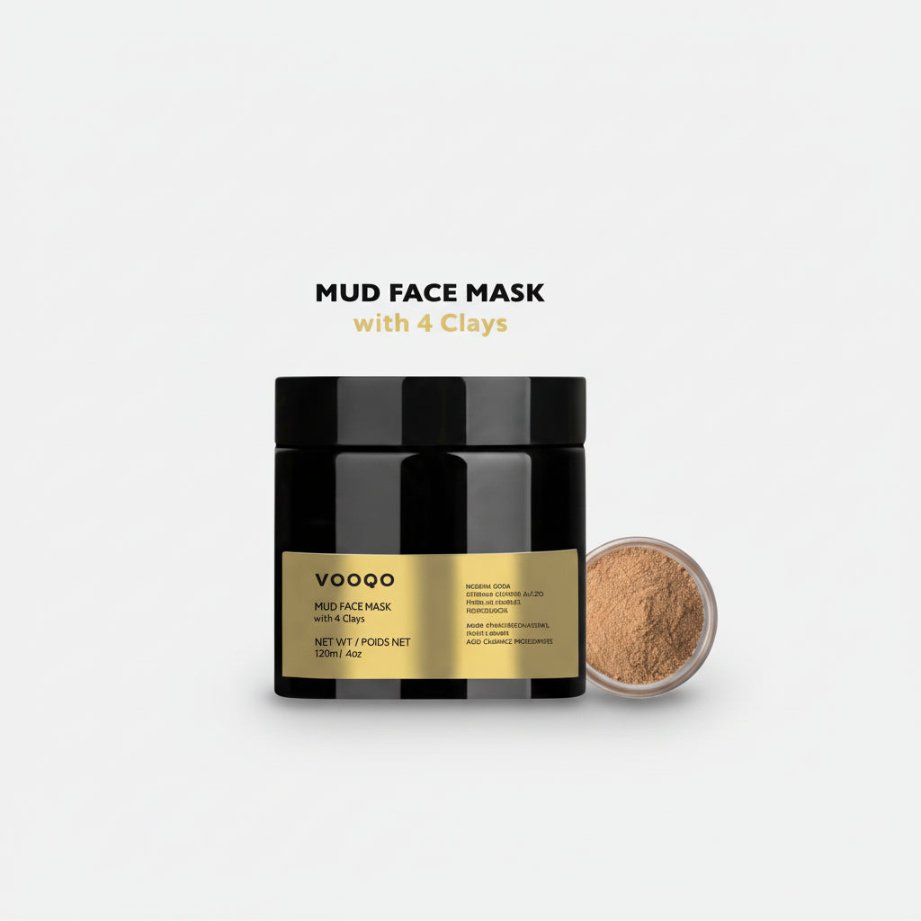 Vooqo mud face mask with a black jar and gold label on a white background
