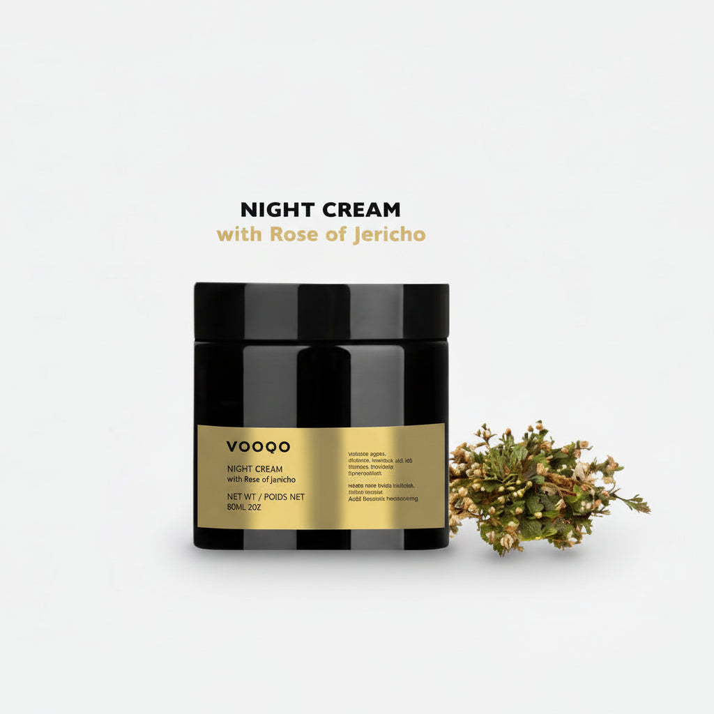 VOOGO night cream jar with gold label on a white background
