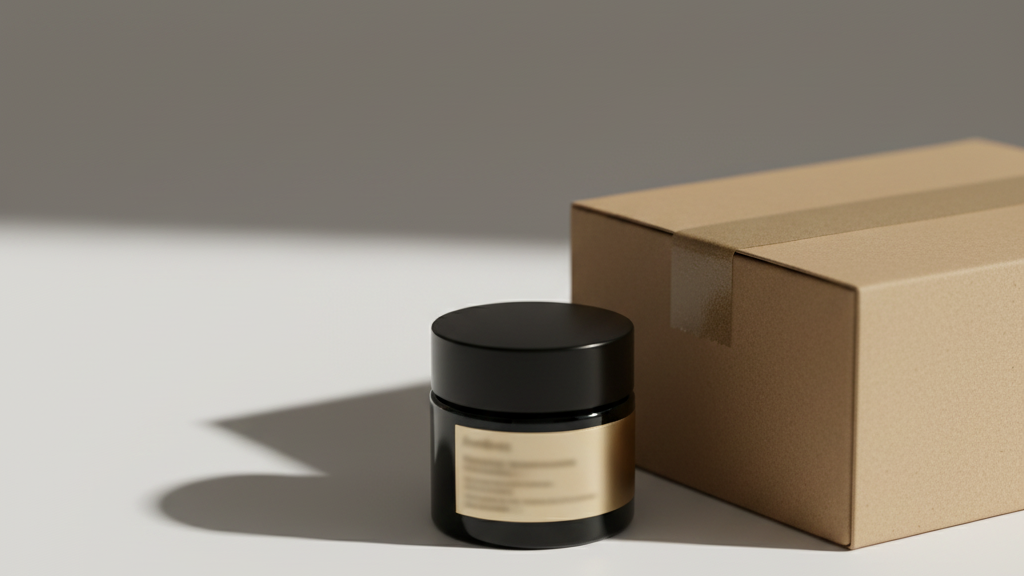 Skincare jar with black lid and beige body next to a cardboard box on a light surface with a gray background
