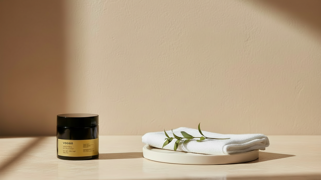 Candle and folded towels on a wooden surface with a neutral background