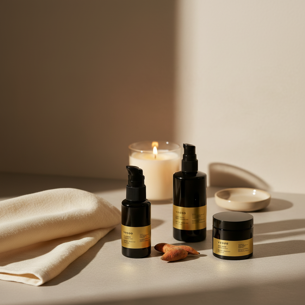 Set of skincare products with a candle on a neutral background