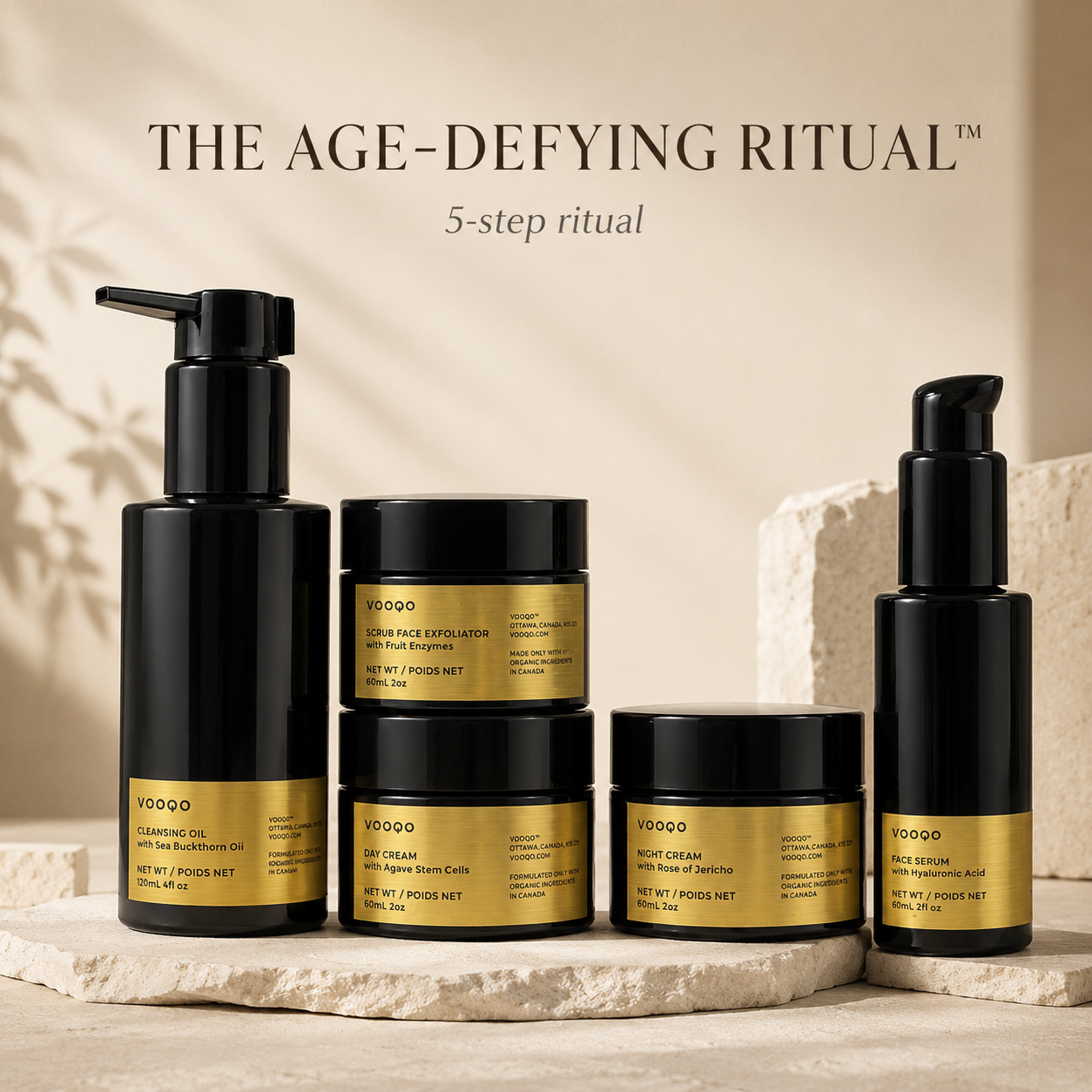 Vooqo The Age-Defying Ritual 5-step skincare set with Cleansing Oil, Fruit Enzyme Scrub, Face Serum, Night Cream, and Day Cream SPF 25+.
