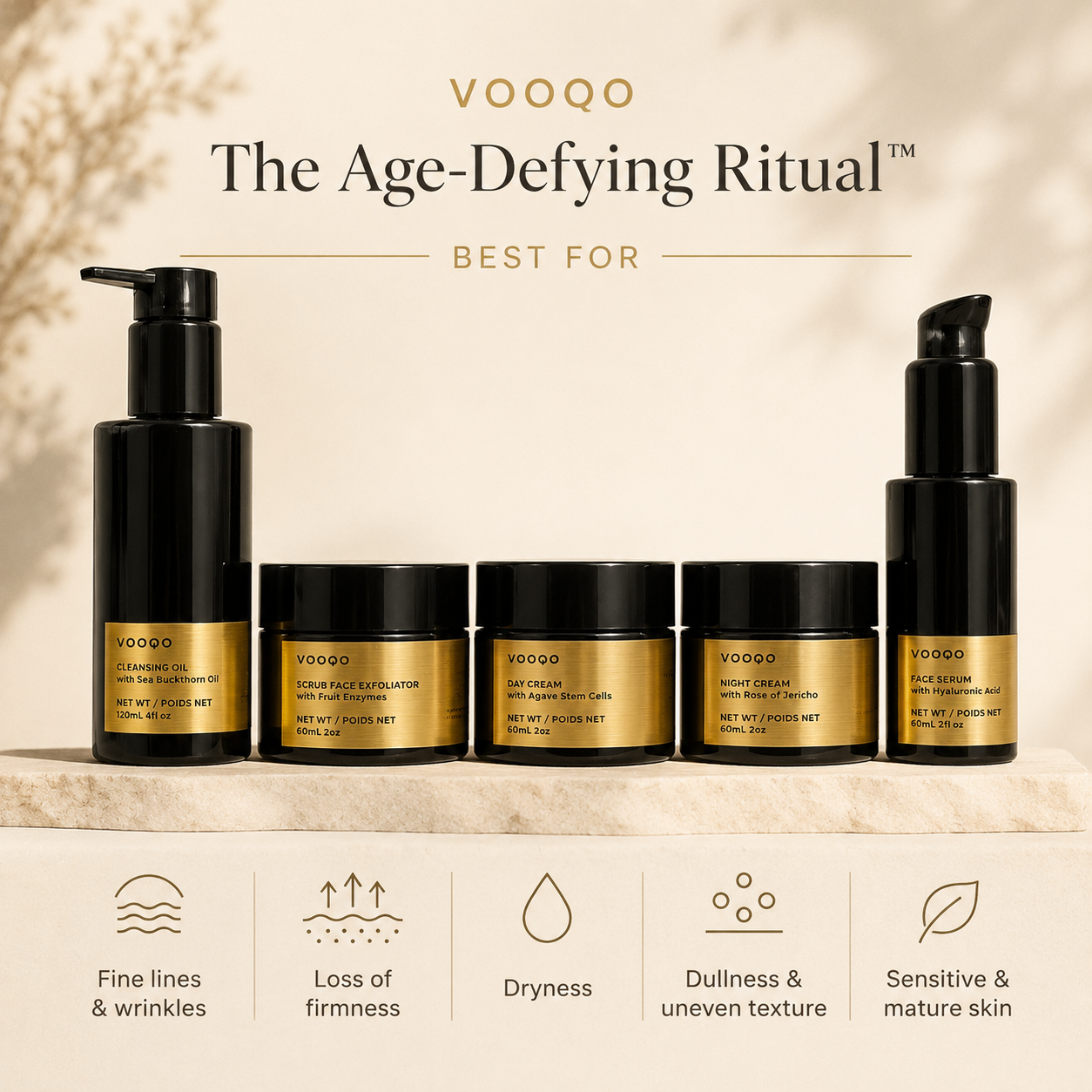 Best for image for Vooqo The Age-Defying Ritual highlighting fine lines, wrinkles, loss of firmness, dryness, dullness, uneven texture, and mature sensitive skin.
